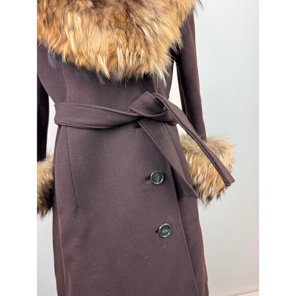 VINTAGE VTG Brown Purple Long Coat Fur Trim Belted Tie Waist Long Sleeve M? - Picture 5 of 11